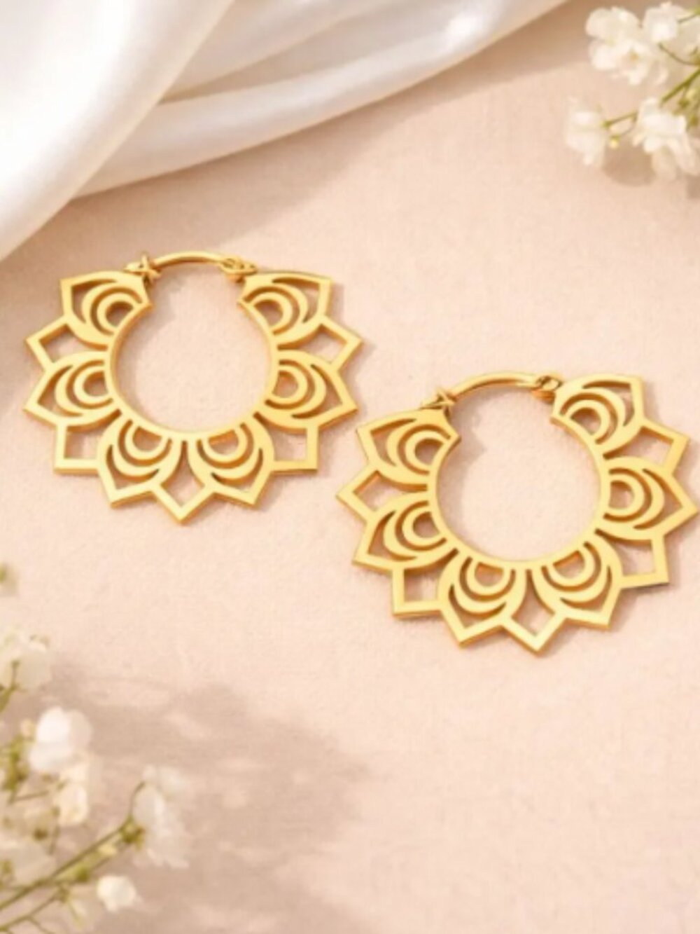 Stainless Steel Lotus Flower Hoop Earrings Boho